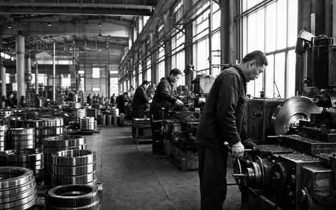 Dokumentarische Schwarzweiß-Aufnahme von SKF AB (ISIN SE0000108227) Fabrikarbeitern bei Wälzlagerfertigung in Industriehalle - Foto: THN