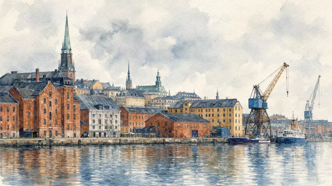 Aquarellillustration einer schwedischen Hafenstadt mit Industriegebäuden