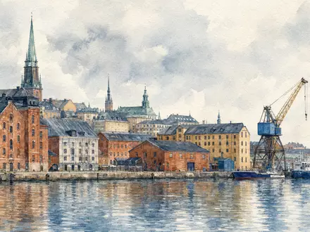 Aquarellmalerei zeigt Göteborg Hafenstadt und Industriegebäude, Standort von SKF AB, ISIN SE0000108227, Schweden - Foto: THN