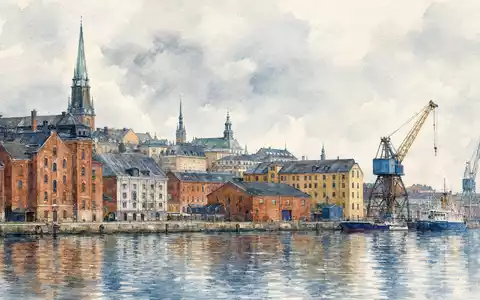 Aquarellmalerei zeigt Göteborg Hafenstadt und Industriegebäude, Standort von SKF AB, ISIN SE0000108227, Schweden - Foto: THN