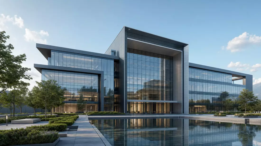 Architektonisches 3D-Render eines modernen Industrie-Bürogebäudes mit Glasfassade