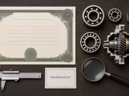 Flatlay-Arrangement zeigt Aktienzertifikat, ISIN-Karte SE0000108227 und Wälzlagerteile, symbolisiert SKF AB Industrieunternehmen aus Schweden - Foto: THN