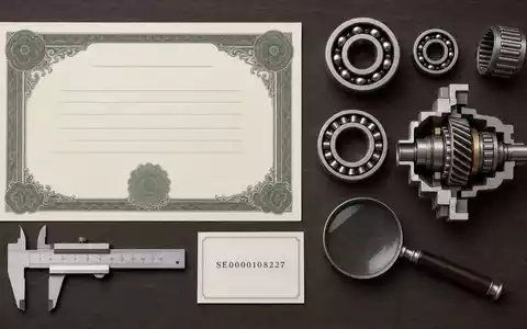 Flatlay-Arrangement zeigt Aktienzertifikat, ISIN-Karte SE0000108227 und Wälzlagerteile, symbolisiert SKF AB Industrieunternehmen aus Schweden - Foto: THN