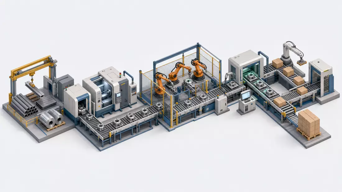Isometrische 3D-Grafik einer industriellen Produktionskette mit Maschinen