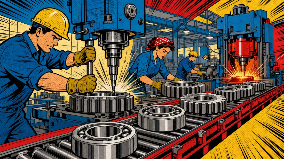 Pop-Art-Comic-Illustration von Arbeitern in einer bunten Industriefabrik