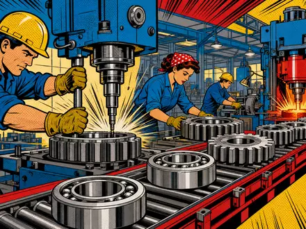 Pop-Art-Comic-Szene zeigt stilisierte Fabrikarbeiter und Wälzlager symbolisiert SKF AB, ISIN SE0000108227, Industriebranche - Foto: THN