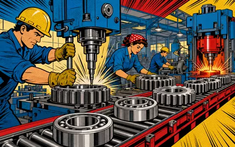 Pop-Art-Comic-Szene zeigt stilisierte Fabrikarbeiter und Wälzlager symbolisiert SKF AB, ISIN SE0000108227, Industriebranche - Foto: THN