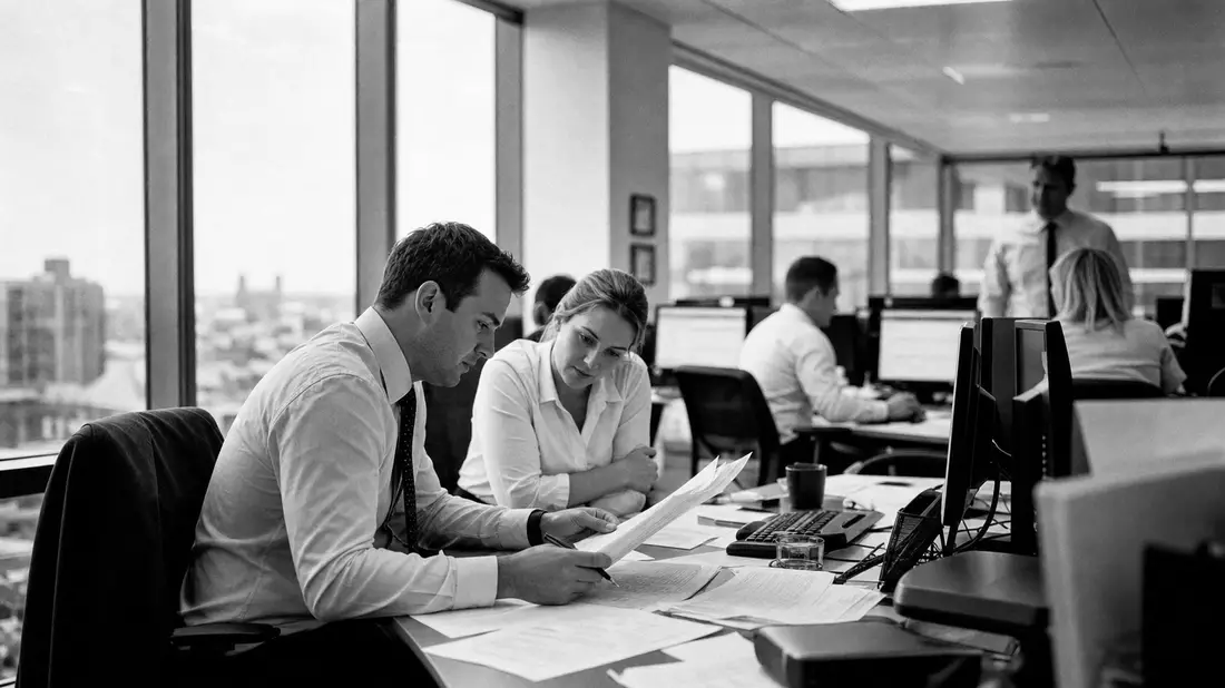 Schwarzweiß-Reportagefoto von Mitarbeitern im Finanzbüro bei Vertragsprüfung
