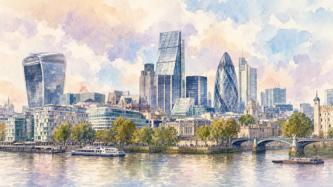 Aquarellmalerei der Londoner Skyline im Finanzviertel entlang der Themse