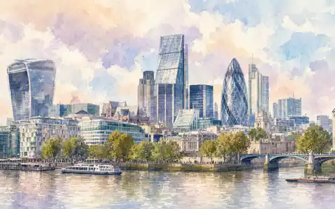 Just Group plc GB00BYV8MN78 präsentiert Londons Finanzviertel-Skyline als sanftes Aquarellgemälde an der Themse - Foto: THN