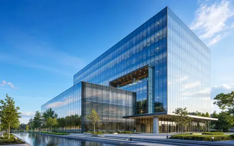 Just Group plc GB00BYV8MN78 illustriert einen modernen gläsernen Bürokomplex als Architektur-Rendering für britische Finanzdienstleister - Foto: THN