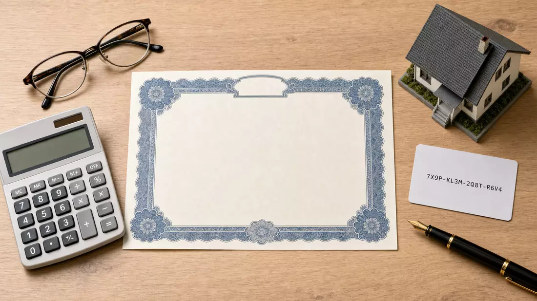 Flatlay mit Aktienzertifikat, Codekarte, Brille, Rechner und Modellhaus auf Holztisch