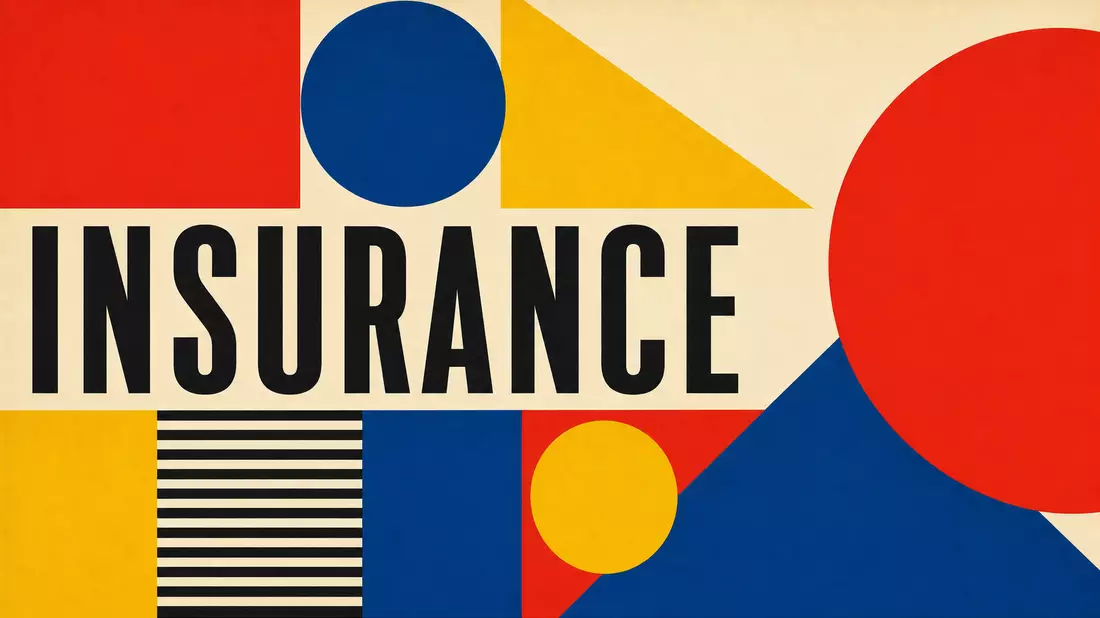 Bauhaus-Poster mit geometrischen Formen und Schriftzug INSURANCE in kräftigen Farben