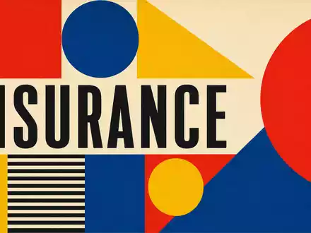 Just Group plc GB00BYV8MN78 kombiniert geometrisches Bauhaus-Poster mit Sektor-Schriftzug INSURANCE in Primärfarben - Foto: THN