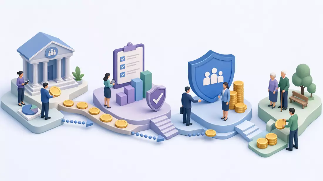 Isometrische 3D-Illustration einer Rentenabsicherungs-Prozesskette mit stilisierten Figuren