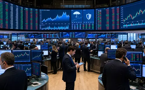 Just Group plc GB00BYV8MN78 dokumentiert belebten Börsenhandelsraum mit sektorspezifischen Charts auf Großbildschirmen - Foto: THN