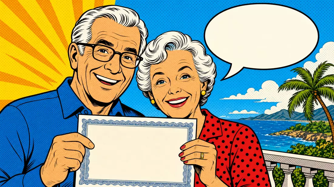 Pop-Art-Comic-Illustration eines lächelnden Rentnerpaares mit Versicherungsdokument