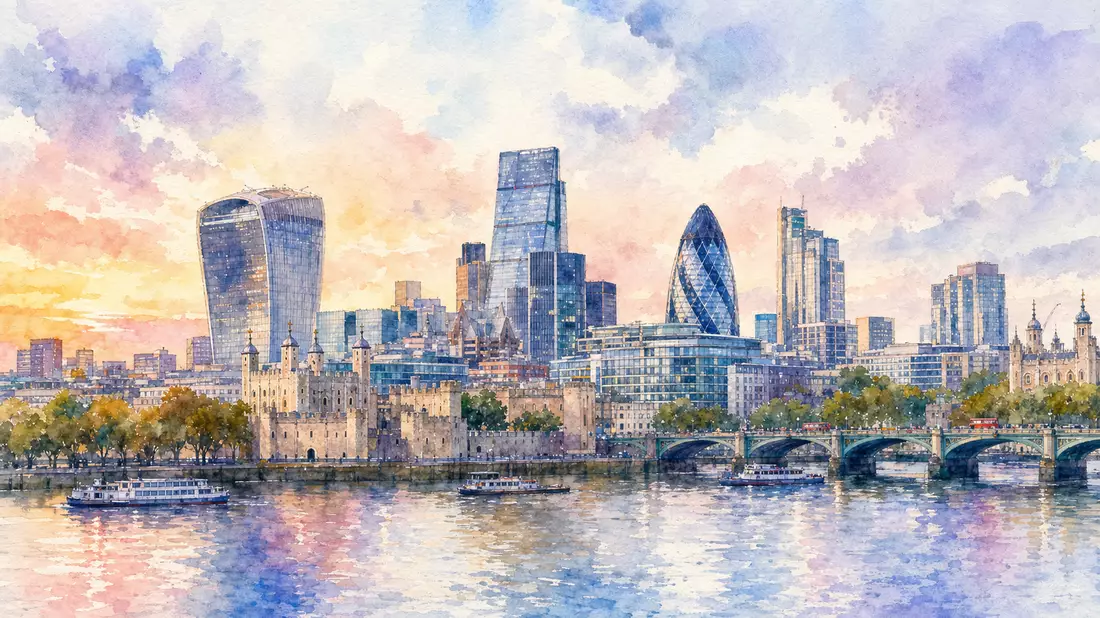 Aquarellmalerei der Londoner Skyline mit Themse, Brücke und historischer Architektur