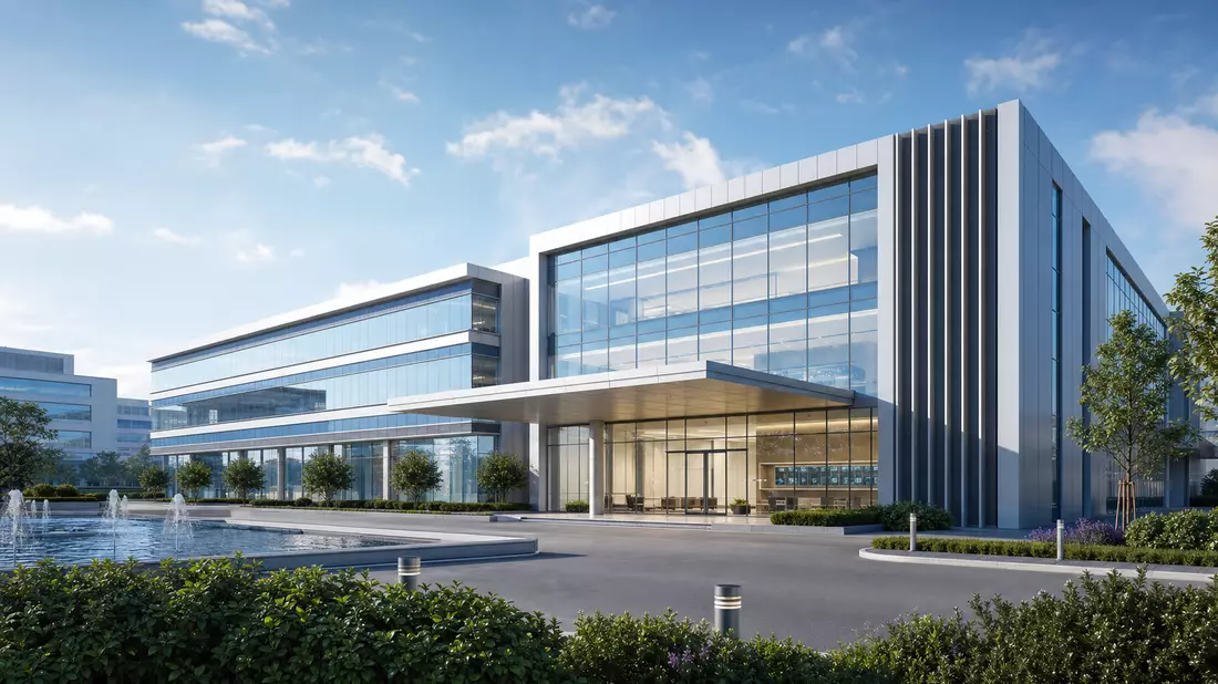 Architektur-Rendering eines modernen Pharma-Bürogebäudes mit Glasfassade und Wasserbecken