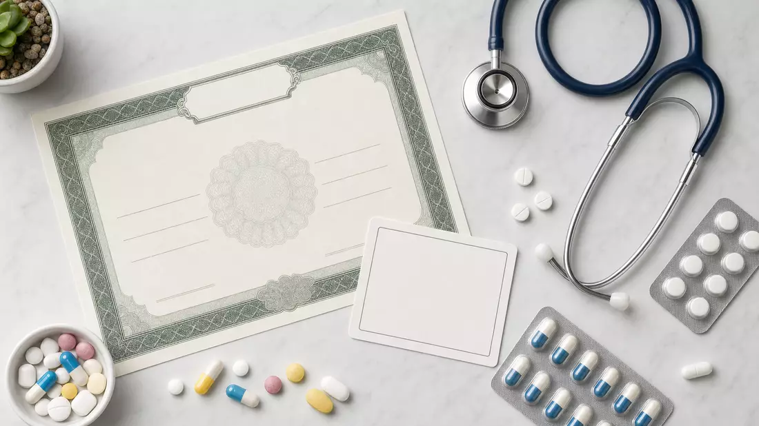 Flatlay mit Aktienzertifikat, ISIN-Karte, Tabletten, Kapseln und Stethoskop auf hellem Untergrund