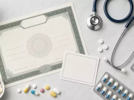 Indivior PLC, ISIN GB00BYZ0C031, symbolisiert durch Aktienzertifikat, Tabletten und medizinisches Zubehör im Flatlay - Foto: THN