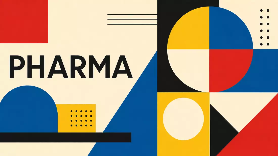 Bauhaus-Poster mit geometrischen Formen in Primärfarben und dem Schriftzug PHARMA