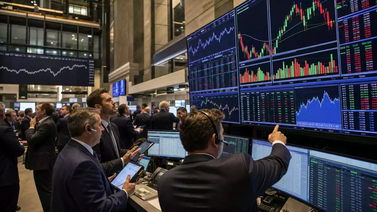 Editorial-Aufnahme eines Börsen-Trading-Floors mit Händlern vor großen Kursbildschirmen