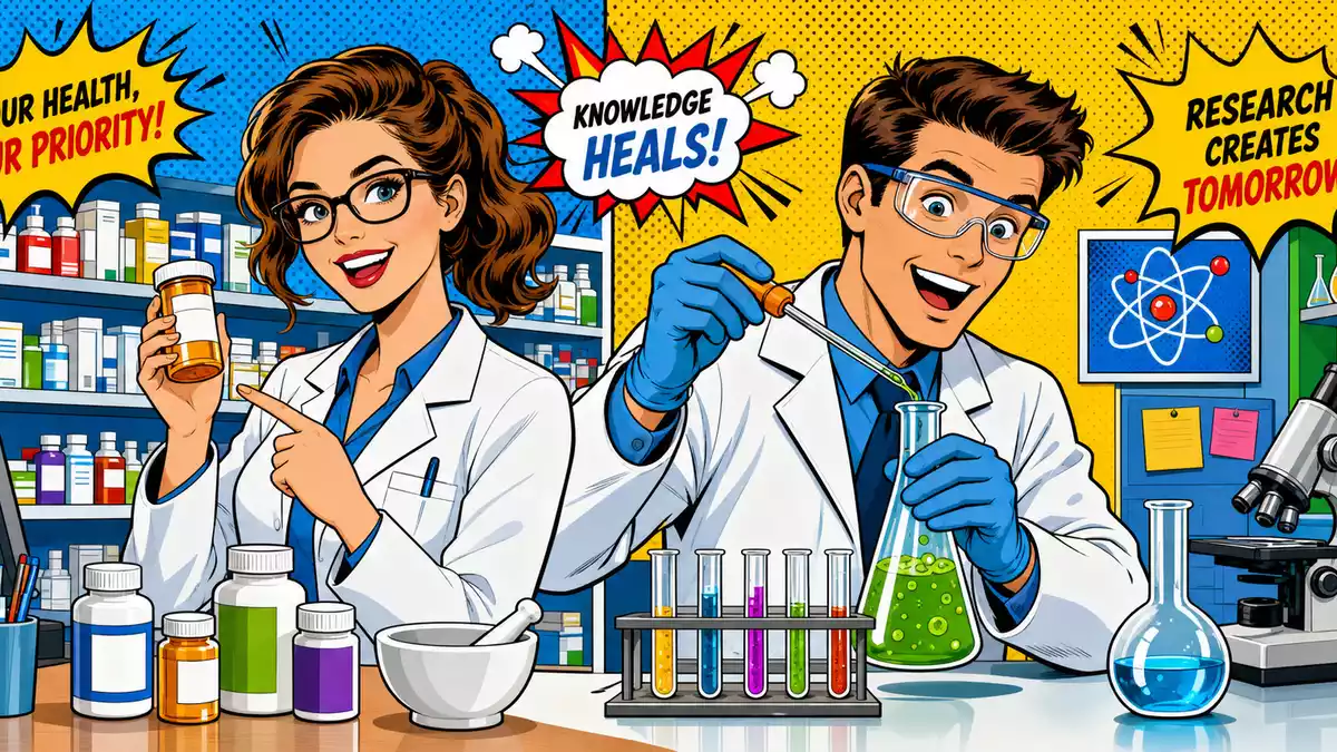 Pop-Art-Comic-Illustration mit Apothekerin und Wissenschaftler in einem farbenfrohen Labor