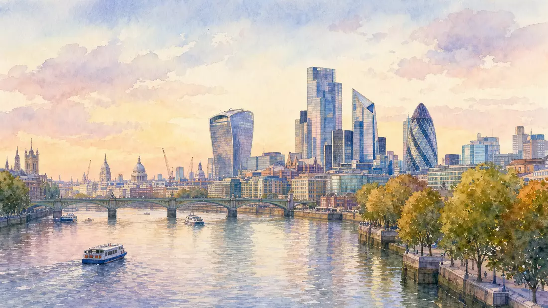 Aquarellbild der Londoner Skyline mit modernen Türmen und der Themse im Sonnenlicht