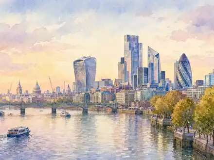Aquarellmalerei zeigt Londoner Skyline am Fluss Thames, Firmensitz-Standort von Keller Group plc, ISIN GB0034293025 - Foto: THN