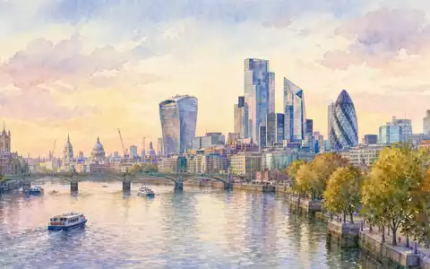 Aquarellmalerei zeigt Londoner Skyline am Fluss Thames, Firmensitz-Standort von Keller Group plc, ISIN GB0034293025 - Foto: THN