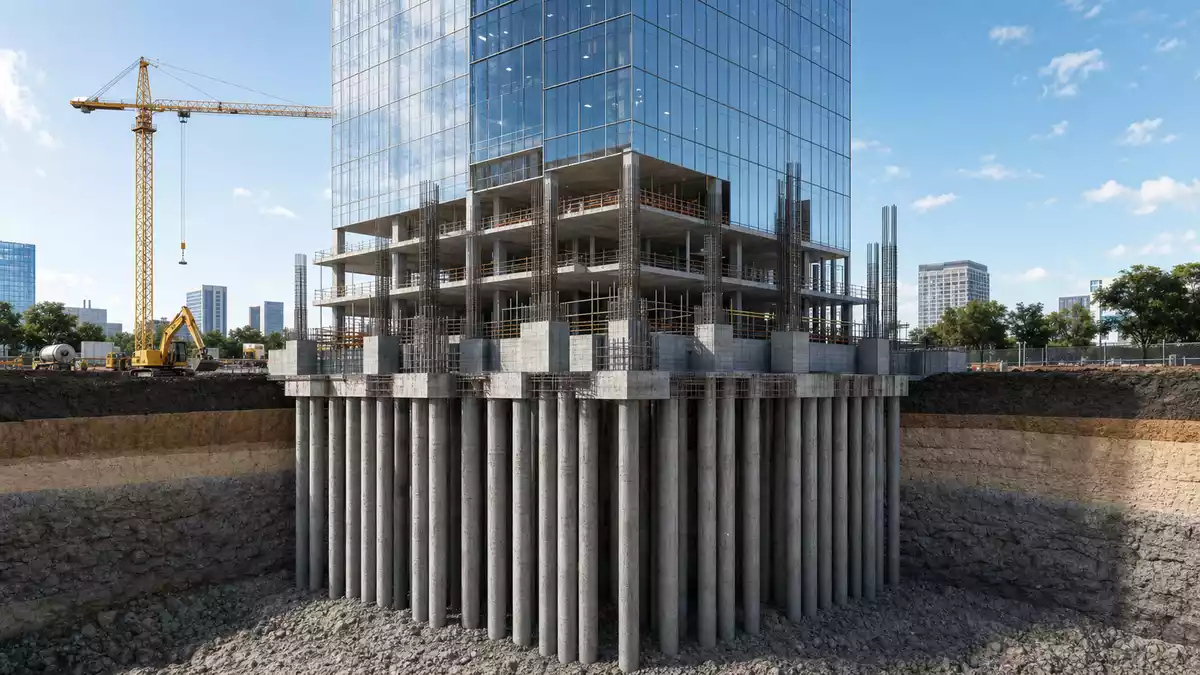 3D-Architekturrender eines Bürohochhauses mit sichtbaren Gründungspfählen im Baugrund