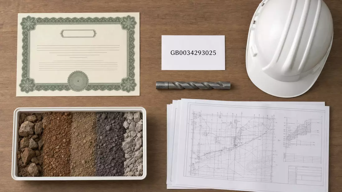 Flatlay mit Aktienzertifikat, ISIN-Karte, Bauhelm und Bodenproben auf Holztisch