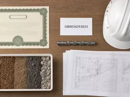 Flatlay mit Aktienzertifikat und ISIN-Karte illustriert Investment in Keller Group plc, ISIN GB0034293025, Baubranche - Foto: THN