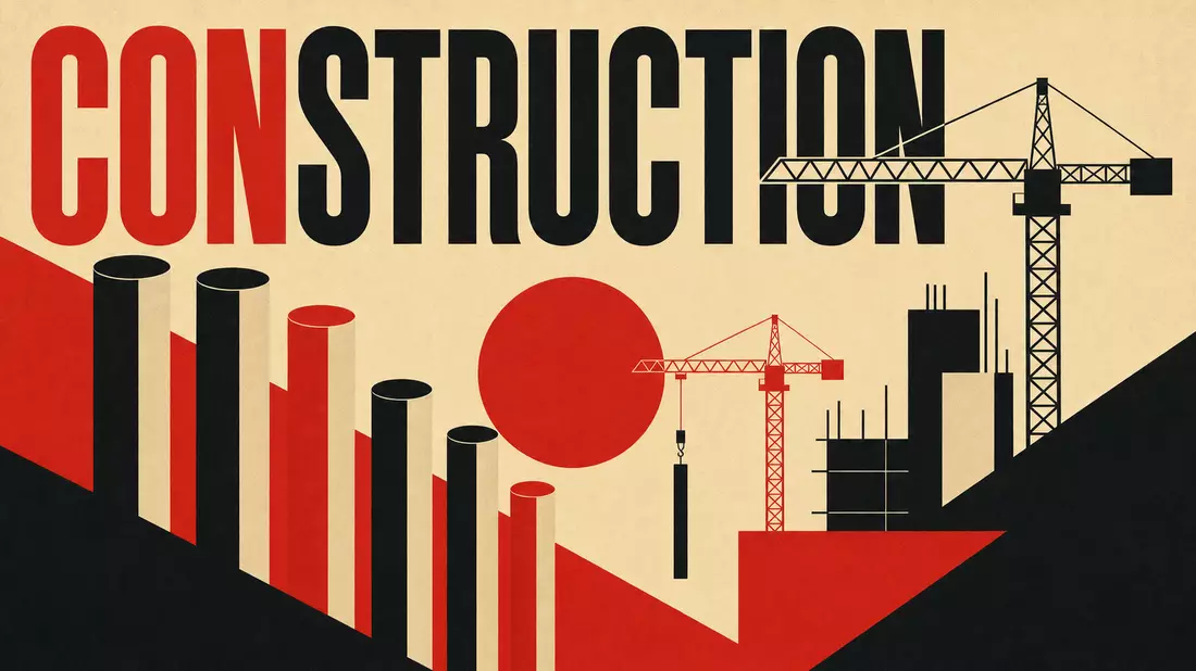 Geometrisches Bauhaus-Poster mit Baukran-Formen und Schriftzug CONSTRUCTION in Rot Schwarz