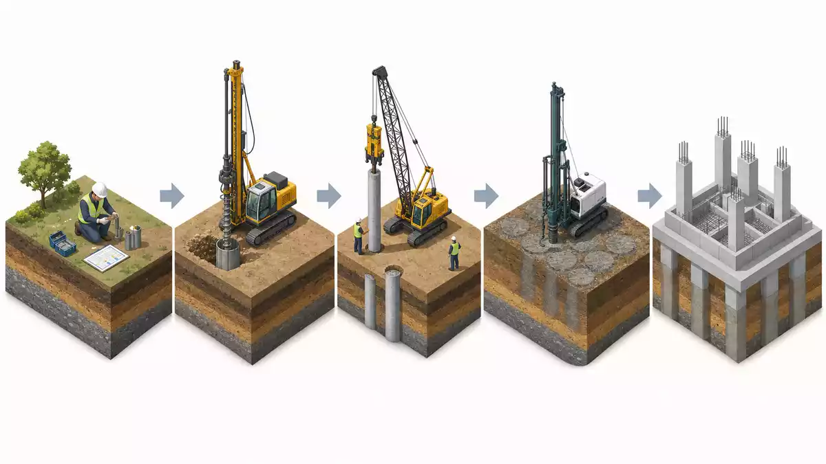Isometrische 3D-Grafik zeigt Prozessschritte von Bodenanalyse bis fertigem Fundament