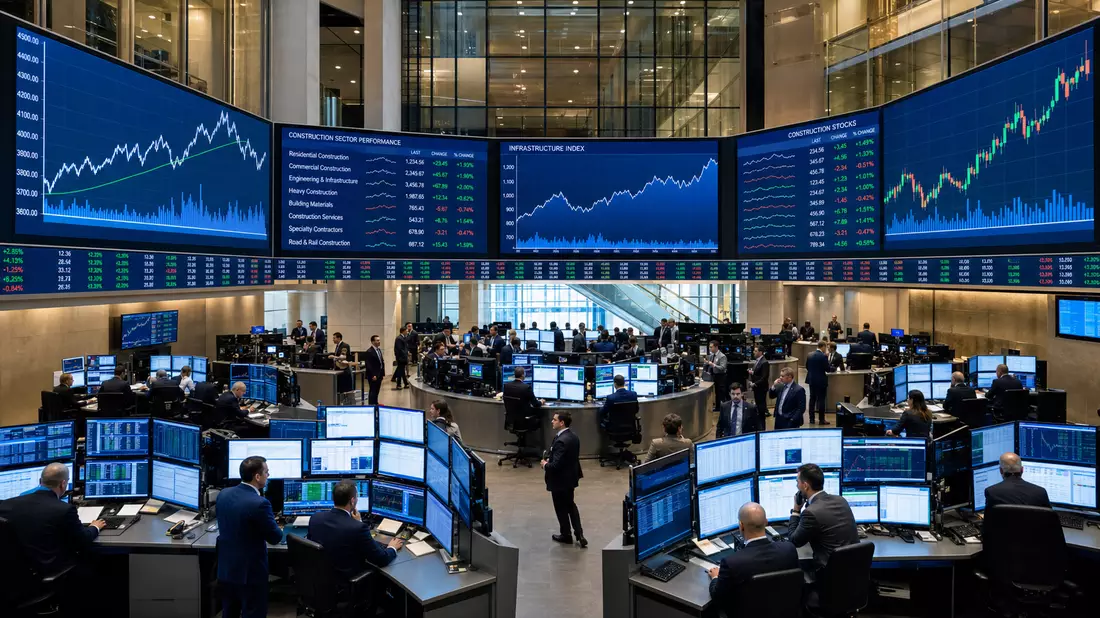 Editorialfoto vom Trading-Floor der Börse mit Bildschirmen und Baubranche-Kursdaten