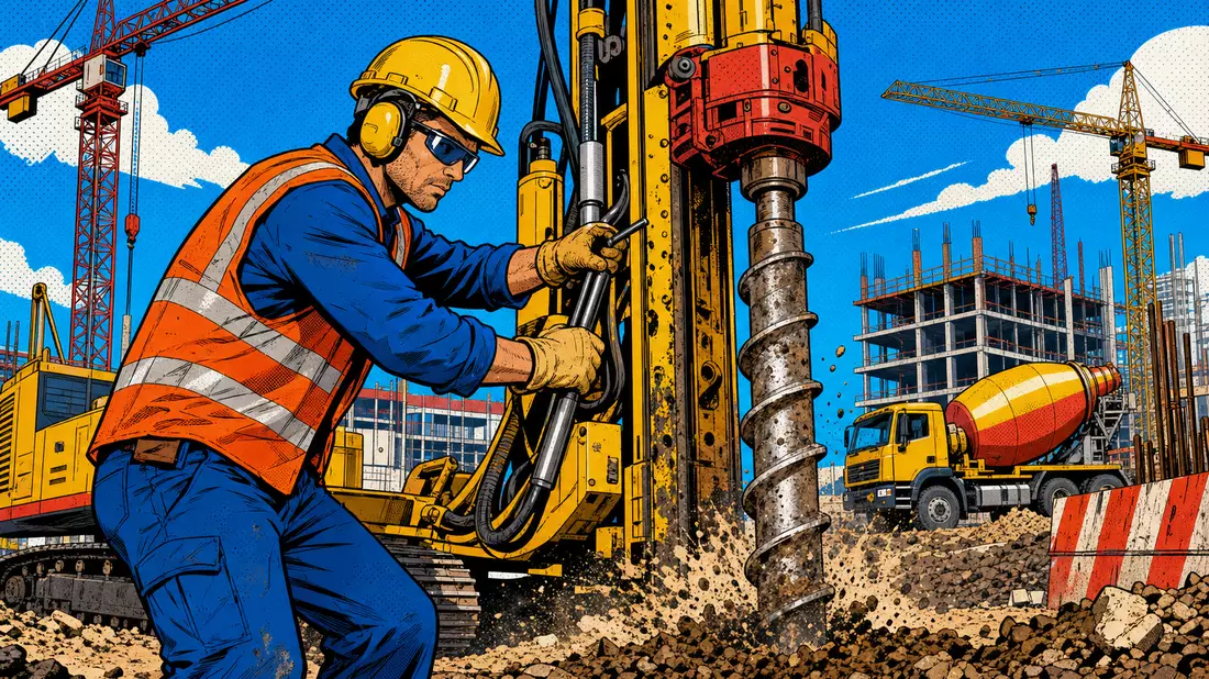 Bunte Pop-Art-Comicszene mit Bauarbeiter an Bohrgerät auf lebhafter Baustelle