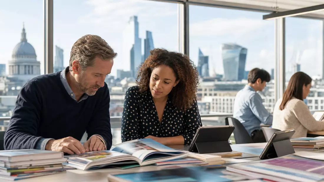 Mitarbeiter von Pearson plc prüfen Lehrbücher mit Blick auf Skyline