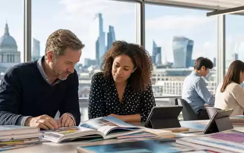 Pearson plc GB0006776081 zeigt moderne Bildungsverlag-Mitarbeiter beim Prüfen gedruckter Lehrbücher am Fensterplatz - Foto: THN