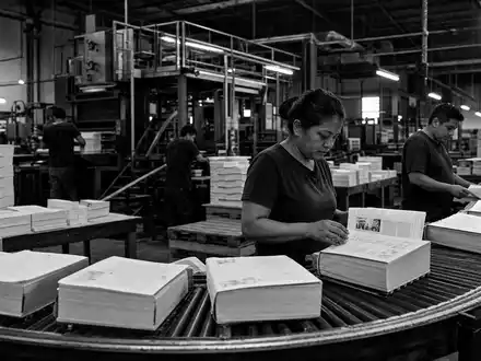 Pearson plc GB0006776081 dokumentiert schwarzweiß eine große Druckerei mit Arbeitern an Buchproduktionsförderbändern täglich - Foto: THN
