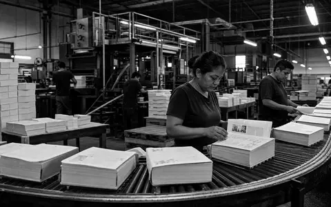 Pearson plc GB0006776081 dokumentiert schwarzweiß eine große Druckerei mit Arbeitern an Buchproduktionsförderbändern täglich - Foto: THN