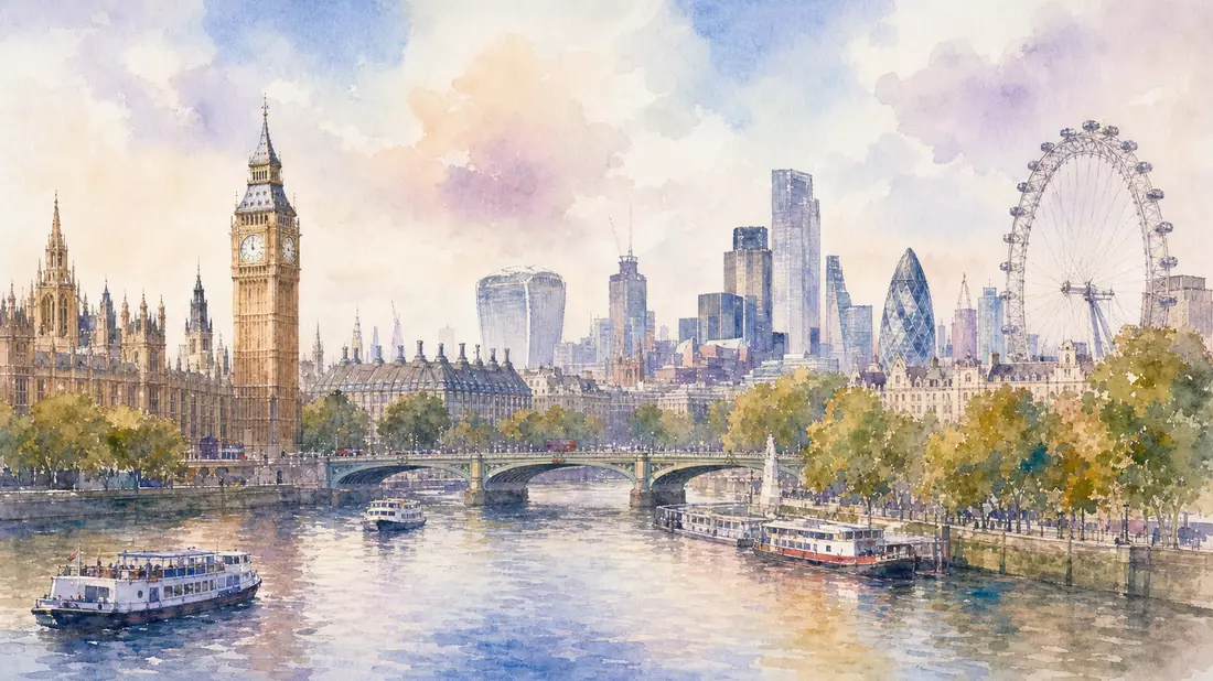 Aquarellmalerei der Londoner Skyline für Pearson plc