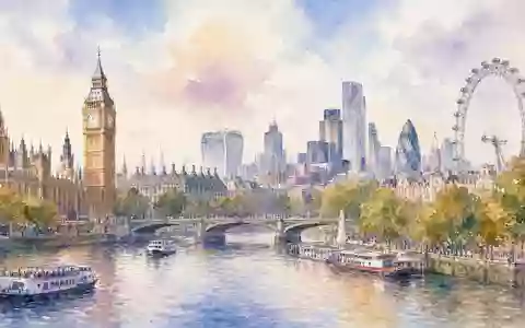 Pearson plc GB0006776081 präsentiert Londons Skyline und Themse in zarter Aquarell-Malerei mit Pastellfarben - Foto: THN