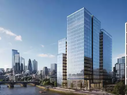 Pearson plc GB0006776081 illustriert einen modernen Glasturm als Hauptsitz vor Londons Stadtsilhouette architektonisch - Foto: THN