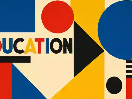 Pearson plc GB0006776081 kombiniert geometrisches Bauhaus-Design mit dem Sektor-Begriff EDUCATION in kräftigen Farben - Foto: THN