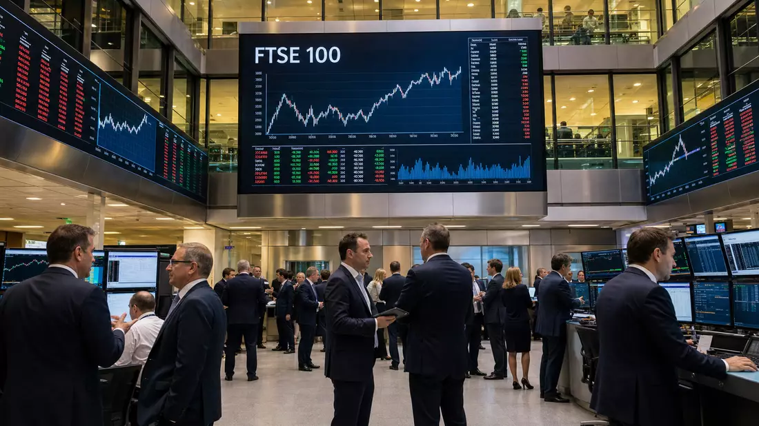 Trading-Floor der Londoner Börse mit FTSE-100-Charts für Pearson plc