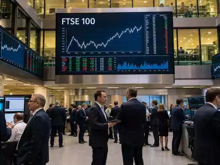 Pearson plc GB0006776081 dokumentiert editorial die Londoner Börse mit Trading-Floor und FTSE-100-Kursdiagrammen - Foto: THN
