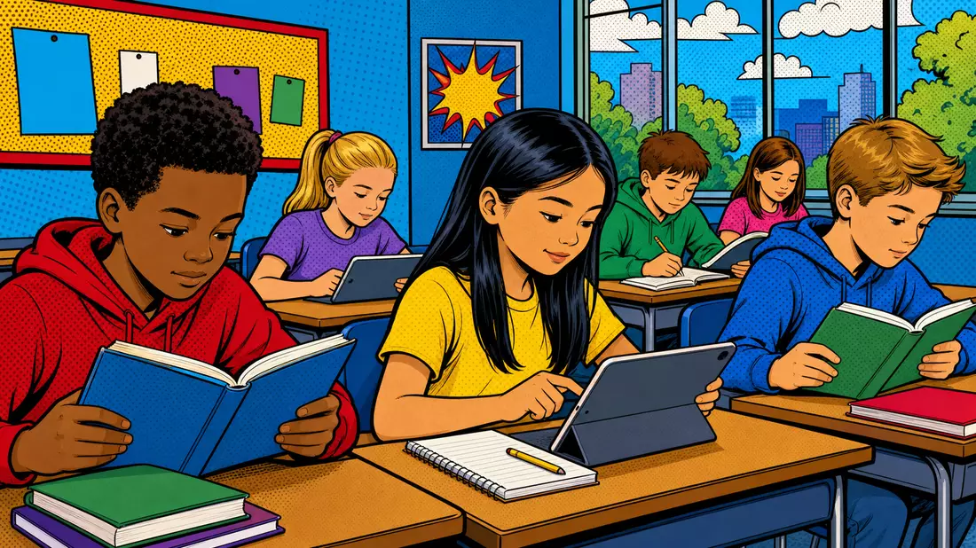 Pop-Art-Comic-Klassenzimmerszene mit lernenden Schülern für Pearson plc