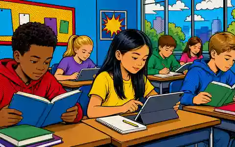 Pearson plc GB0006776081 illustriert farbenfroh im Pop-Art-Comic-Stil Schüler beim Lesen und Lernen im Klassenzimmer - Foto: THN